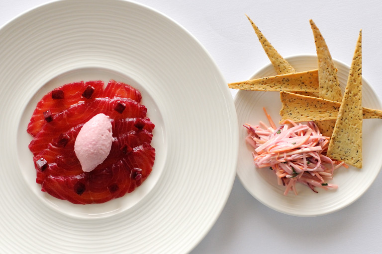 Beetroot cured salmon, salmon pâté, root vegetable salad and thyme crackers